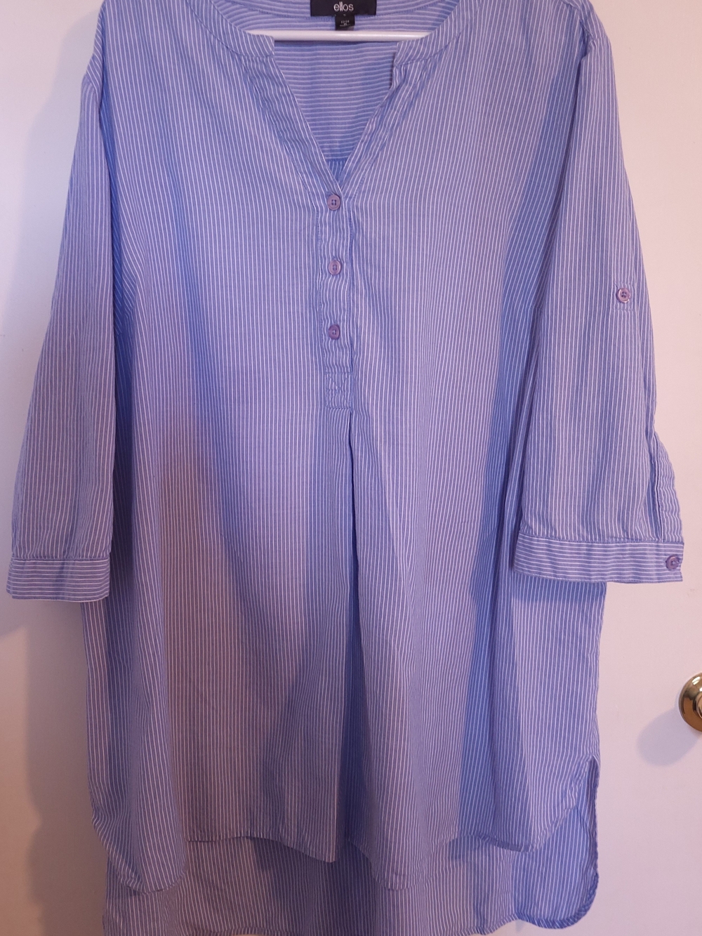 Ellos Blue Stripe Cotton Henley Roll Tab 3/4 Sleeve Tunic Blouse Coastal Sz 1X